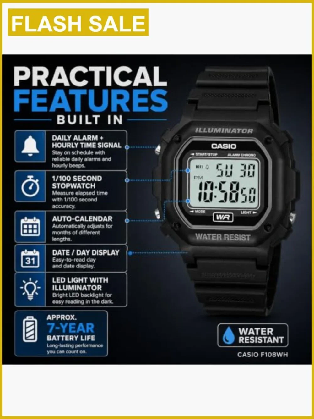 Men's Digital Watch Quartz Water Resistant Chronograph LED